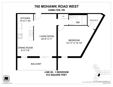 Floor plan for 1 bed, 1 bath, 813 sqft